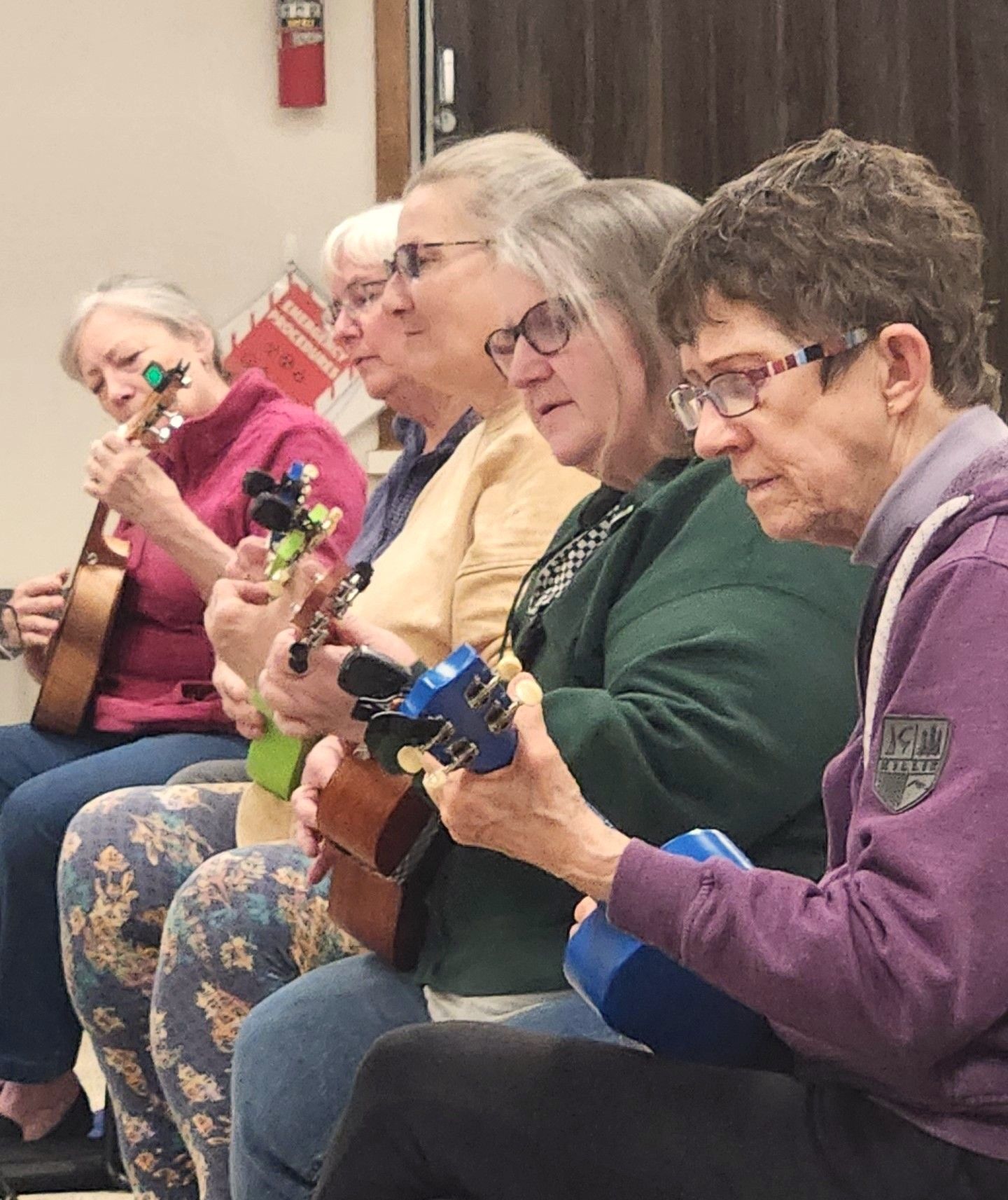 A group of older adults practice ukulele. 